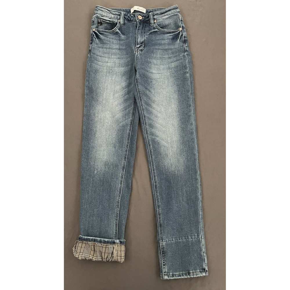 KanCan Jeans Womens Size 27 High Rise Plaid Rolled Cuffed Dark Wash Stretch